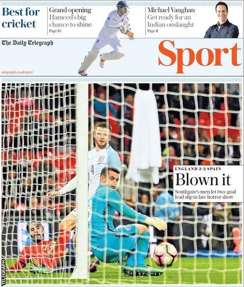 National papers, including The Telegraph, lead on England losing a two-goal lead against Spain at Wembley