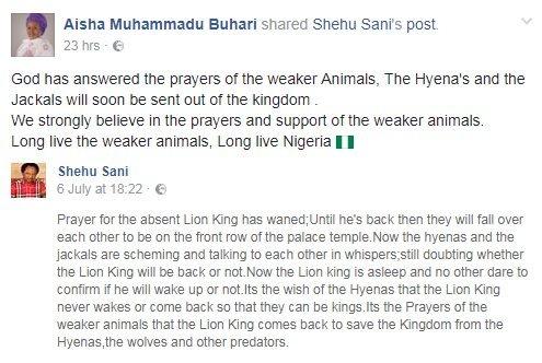 A Facebook post, saying: "God has answered the prayers of the weaker Animals, The Hyena's and the Jackals will soon be sent out of the kingdom .