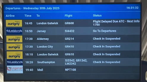 A picture of the departures board at Guernsey Airport. The Gatwick flight says it is delayed due to ATC while the others say check in suspended. 