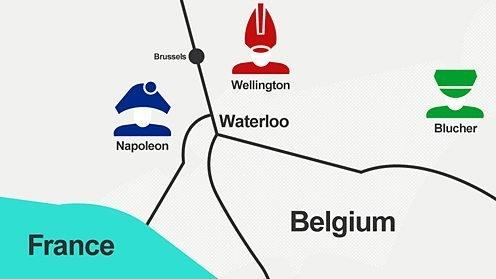 The positions of Wellington, Napoleon and the Prussians the night before the battle.