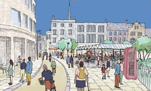 An artist's impression of one side of the market square. Red phone boxes are on the right and white buildings are on the left. A covered canopy is over the market stalls. People are walking and cycling