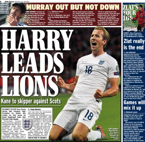 The back page of Saturday's Daily Express also features Harry Kane