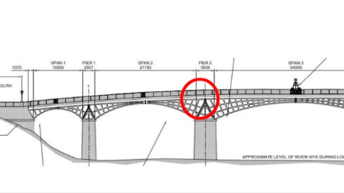 A graphic image showing where structural damage of the Wye bridge is located. The area affected is in a red circle  