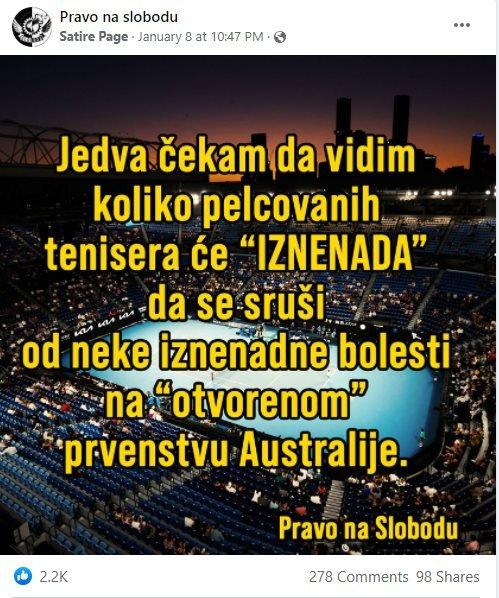 A post from a Serbian misinformation Facebook page, roughly translating as "looking forward to players collapsing at the Australia open"