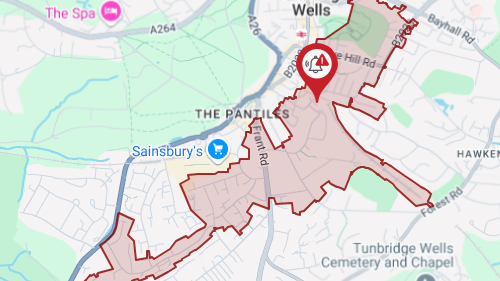 A screenshot of  South East Water's website which shows affected areas of Tunbridge Wells in red 