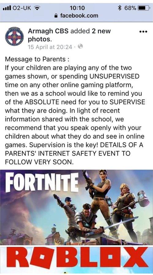 A Facebook message from Armagh CBS warning about the computer game Fortnite