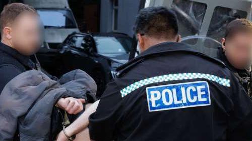 One of those arrested - a man with no top on - is handcuffed and led into the back of a police van by three officers