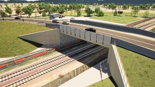 A CGI image of a road bridge over a railway