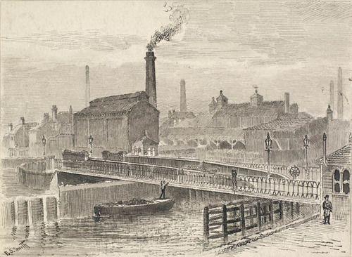A black and white sketch of a swing bridge across a river with an industrial backdrop including mills, tall smoking chimneys and gas lamps.