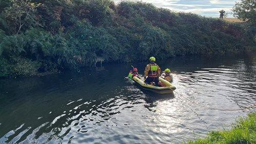 A firefighter in a small yellow dinghy with two firefighters next to the boat in the water. They are in a canal approaching a sheep, almost hidden in the undergrowth on the canal.