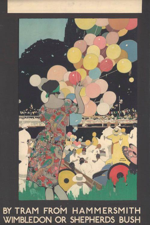 A poster with a black frame and a bright image within in. The image is of a woman in a dress appearing to be standing among crowds at a racecourse. She carries a bunch of pastel colour balloons.
The text reads: By tram from Hammersmith Wimbledon or Shepherd's Bush