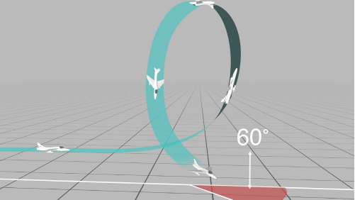 A graphic showing a white plane completing a loop manoeuvre