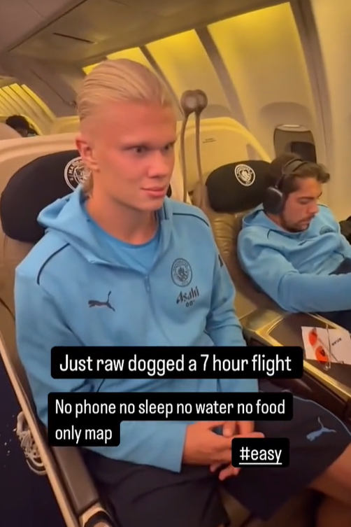 Manchester City footballer Erling Haaland sits on a plane 