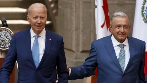  US President Joe Biden and Mexican President Andres Manuel Lopez Obrador pose during the North American Leaders Summit at the National Palace in Mexico City, Mexico, 10 January 2023.