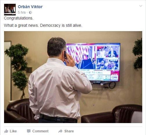 Hungary's populist Prime Minister Orban is pictured on his Facebook page watching Donald Trump win the US election, with the words: "Congratulations. What a great news. Democracy is still alive."