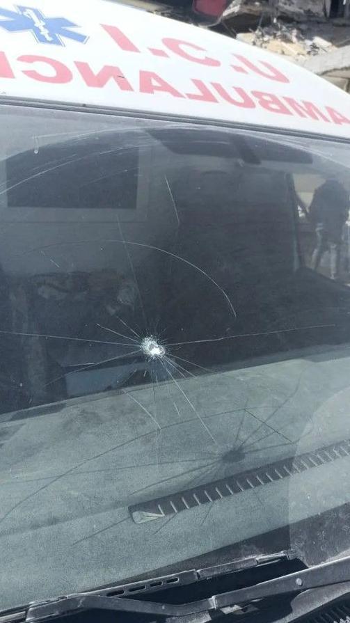 Ambulance windscreen damaged by a bullet, reportedly fired by Israeli forces, in northern Gaza
