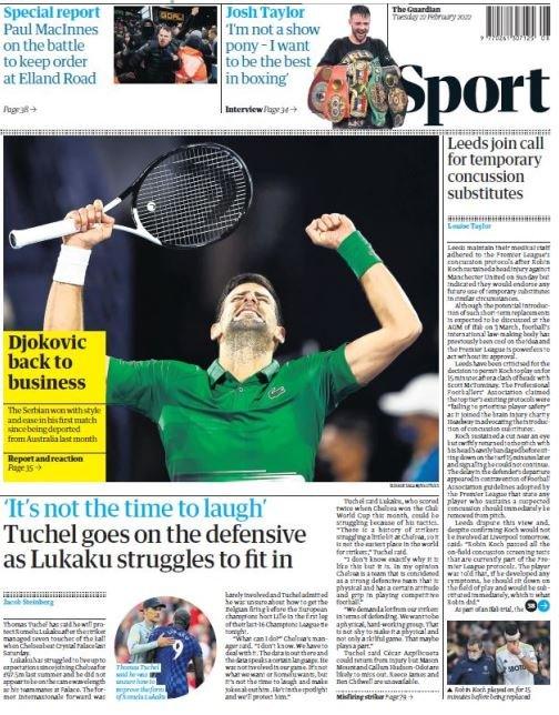 The Guardian points to the Lukaku story and leads on Novak Djokovic's first match of 2022