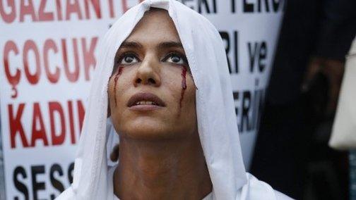 LGBT activist with painted red tears on face symbolising blood