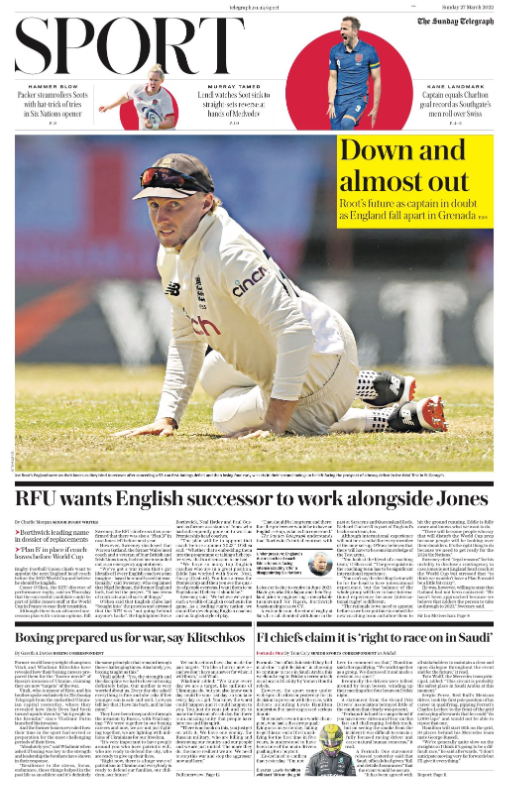 Sunday's Telegraph back page: Down and almost out