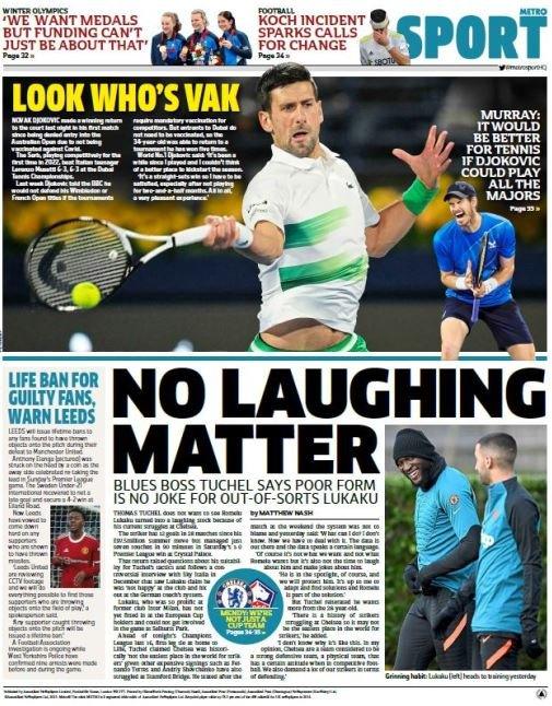 Metro back page says 'no laughing matter' headline on the Lukaku story