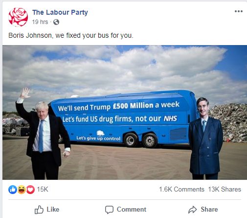 labour party advert with bus reading: "we'll send Trump £500 million a week. Let's fund US drug firms, not our NHS", with pictures of Boris Johnson and Jacob Rees Mogg photoshopped onto it