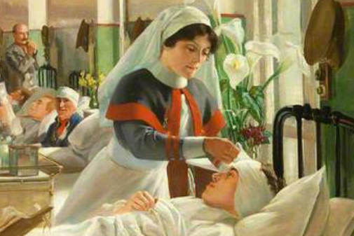 Sister Mary Jones is applying a bandage to the patient's head. She is dressed very similarly to the matron, except she has a white apron over her uniform. She is a young woman with brown curly hair tied back under the nurse's cap
