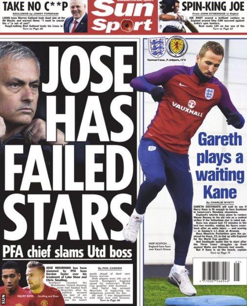 The Sun leads on Gordon Taylor's disappointment in Jose Mourinho's criticism of Manchester United's Chris Smalling and Luke Shaw