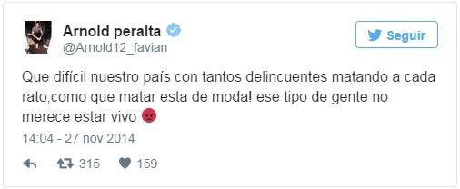 A tweet sent by Arnold Peralta last year in which he lamented the rise of violent crime in Honduras