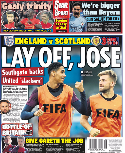 The Daily Star leads on comments made by England boss Gareth Southgate relating to Jose Mourinho's criticism of Chris Smalling and Luke Shaw