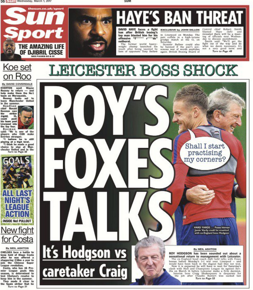 Wednesday's Sun back page focuses on Roy Hodgson's link with the vacant Leicester job