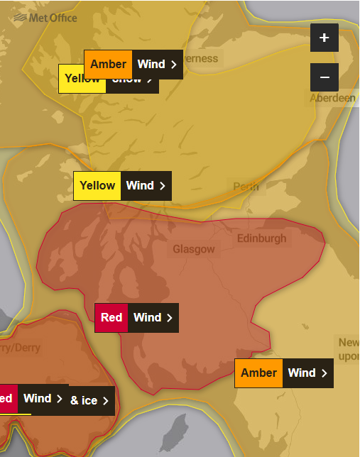 A Met Office graphic showing the central belt and south west Scotland covered by a red wind alert. The rest of the country is covered by an amber wind alert.