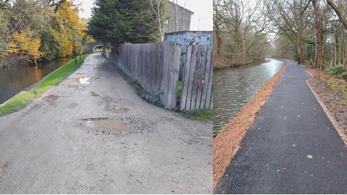 A before and after of the path, one on the left shows a towpath with potholes and the one on the right one with a smooth surface