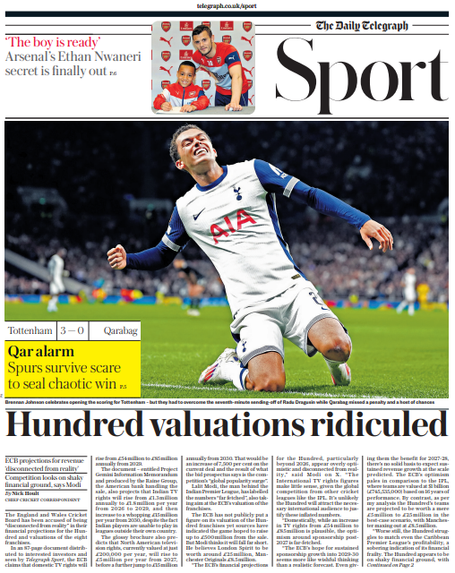 Lead sport page of the Daily Telegraph on 27 September 2024