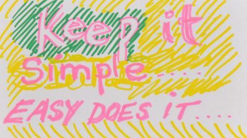 Pink writing which says "Keep it Simple.. Easy Does it". The word 'Keep' is surrounded by green pen markings and the rest of the postcard has yellow pen lines. 