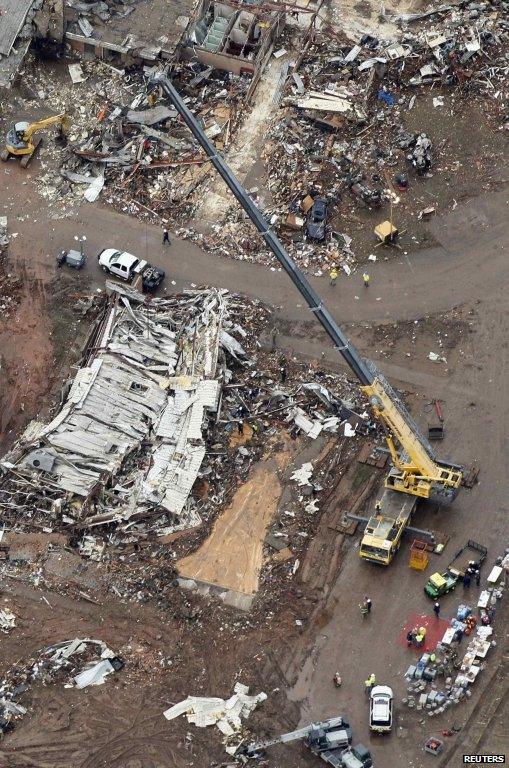 An aerial view of damage at Plaza Towers Elementary School in Moore, Oklahoma, 21 May 2013.