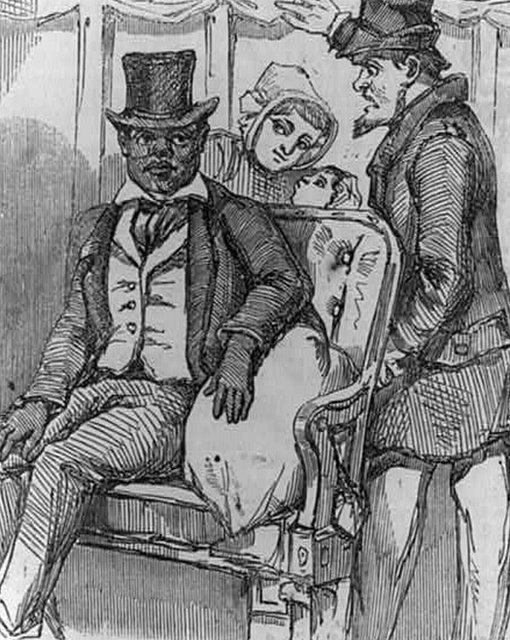 An 1856 engraving showing a black man being expelled from a railway carriage