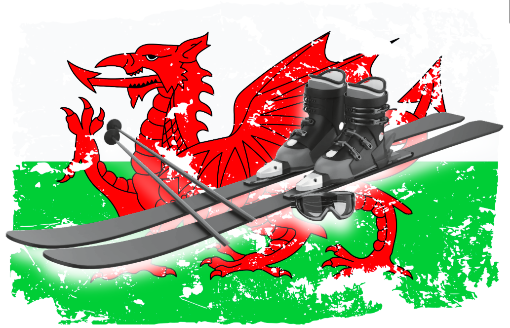 a pair of skis, boots and poles set on top of the flag of Wales