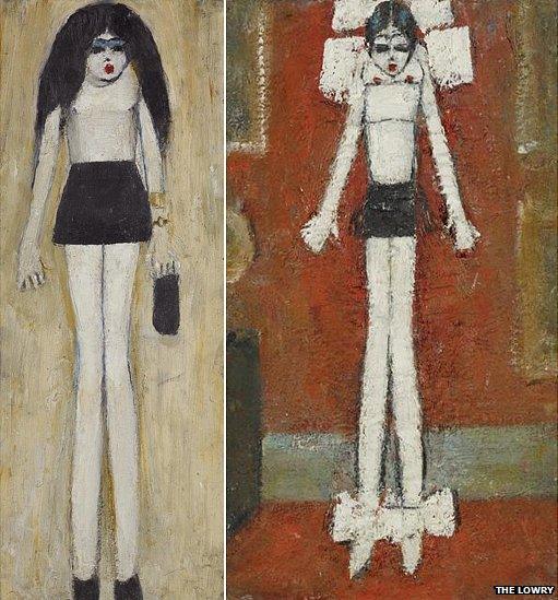 Girl in a mini-skirt and Girl in Bows in a Formal Interior by LS Lowry