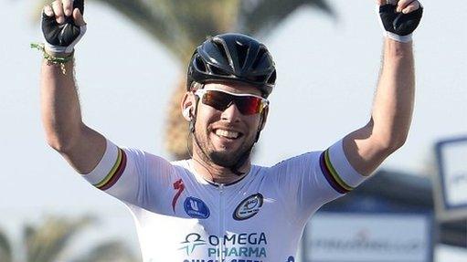 Mark Cavendish celebrates winning stage six