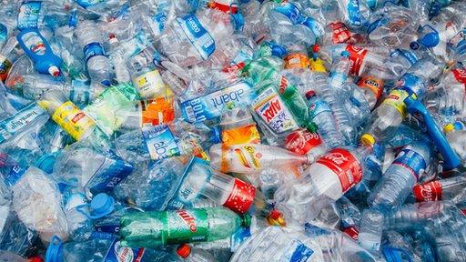 Plastic bottles at recycling plant