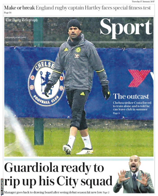 The Daily Telegraph lead with images of Diego Costa training alone and news of an overhaul at Manchester City