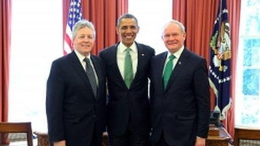 Peter Robinson and Martin McGuinness with President Obama