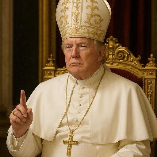 The image features Trump wearing a white cassock and pointed miter, traditionally worn by a bishop. He wears a large cross around his neck, and has his finger held up, with a solemn facial expression.