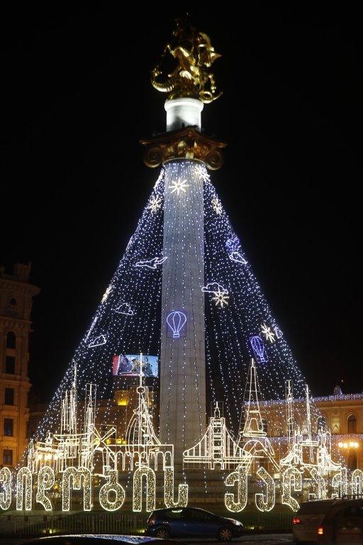 Statue of St George decorated like Christmas tree in Georgia's capital Tbilisi