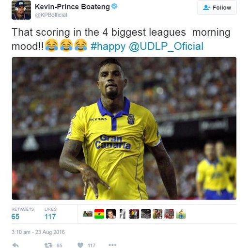 Tweet reads: "That scoring in the 4 biggest leagues morning mood!!😂😂😂 #happy @UDLP_Oficial"