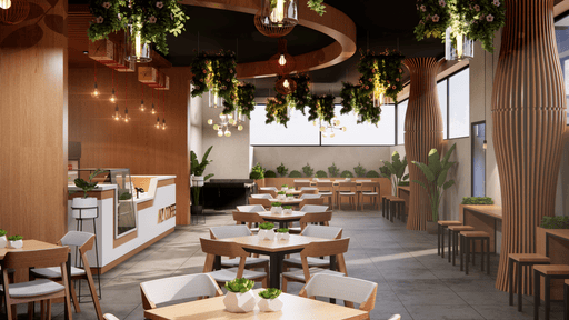 A mock design of what the centre could be. It is a modern dining establishment. There is lots of wooden structures around the circumference of the room, flowers hanging from the ceiling and ambient lighting.