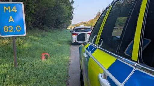 A police car on the hard shoulder of a motorway. A white car is stopped in front of it. Grass and trees are visible on the left.