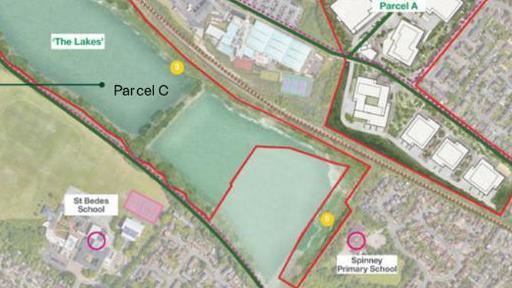 An annotated aerial image of the site, shows where the development will be