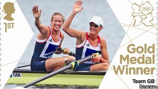 Helen Glover (left) and Heather Stanning. Stamp. Pic: Royal Mail.