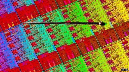 Intel silicon wafer with nail for size comparison